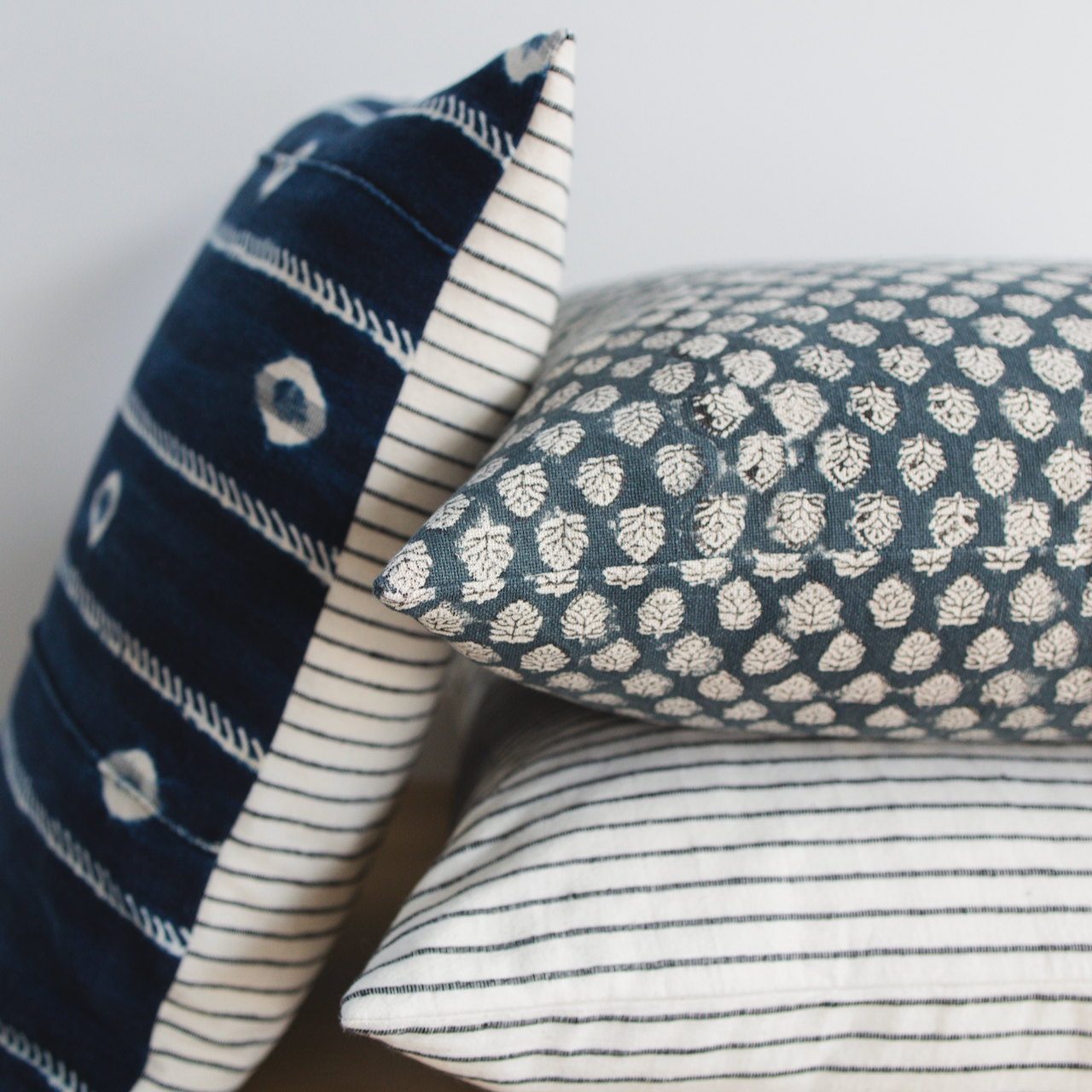 Square Pillow Cover - Indigo Floral Blossom Block Print