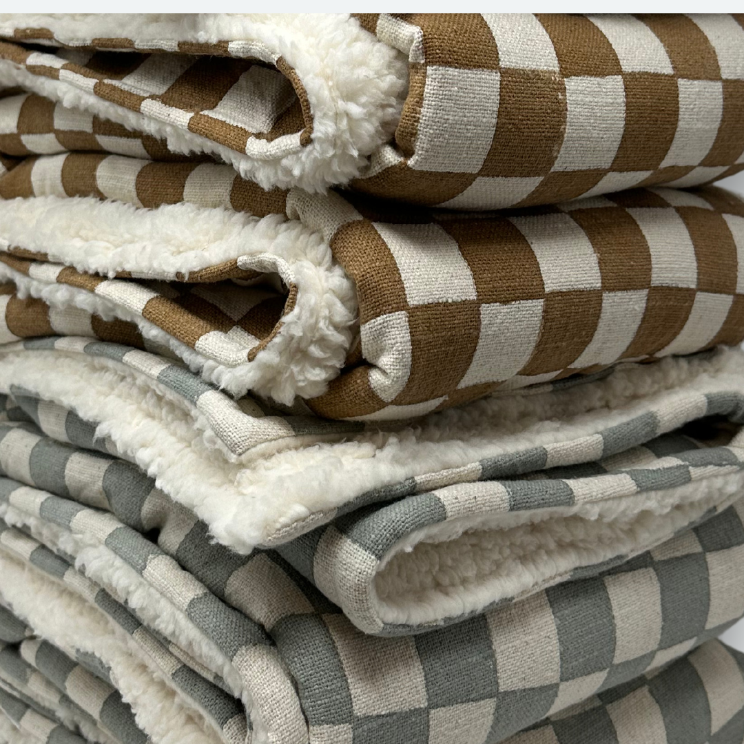 Sherpa Throw Blanket - Terracotta Checkered Block Print