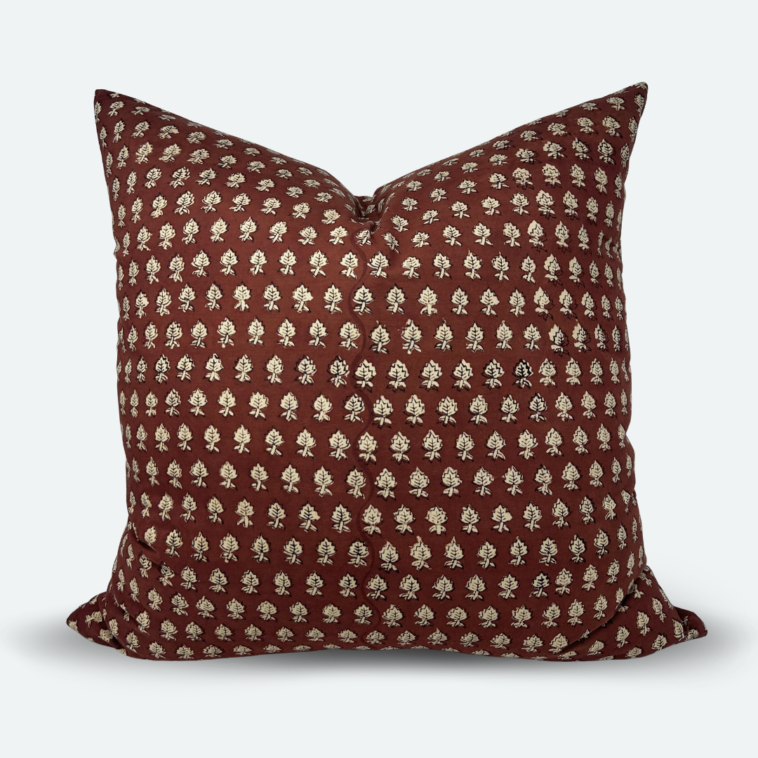 Square Pillow Cover - Crimson Leaf Cotton Block Print