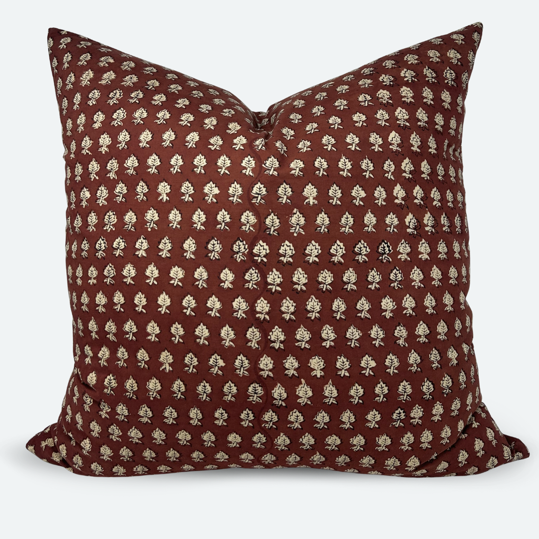 Square Pillow Cover - Crimson Leaf Cotton Block Print