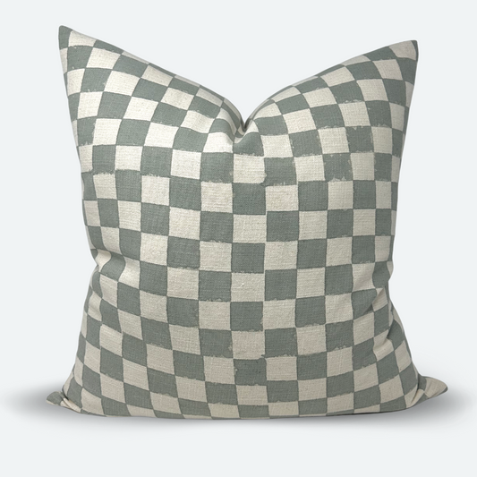 Square Pillow Cover - Dusty Blue Checkered Block Print | FINAL SALE