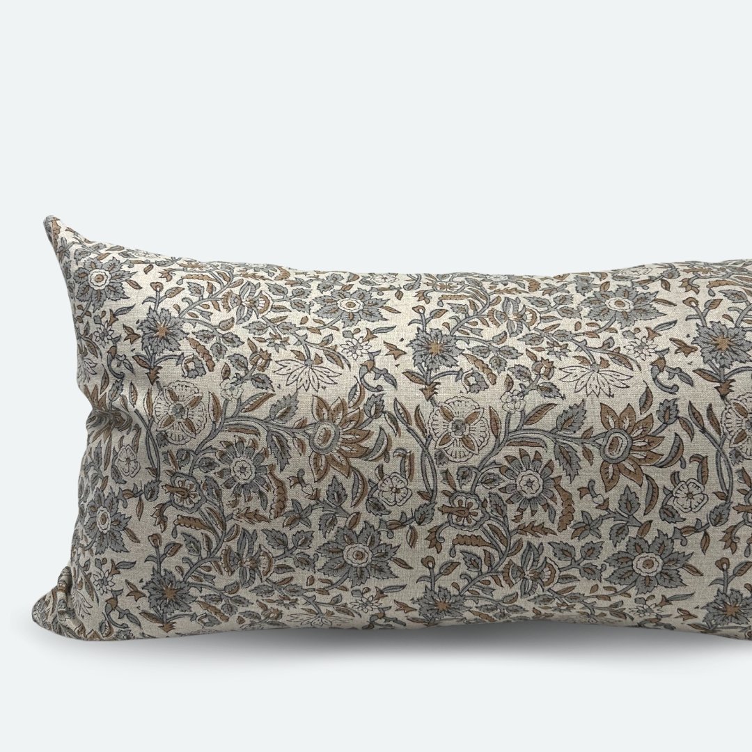 Large Lumbar Pillow Cover - Dusty Blue Floral Block Print