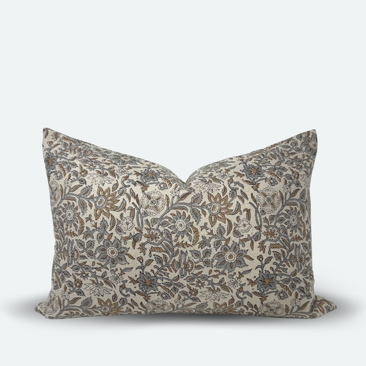 Medium Lumbar Pillow Cover - Dusty Blue Floral Block Print