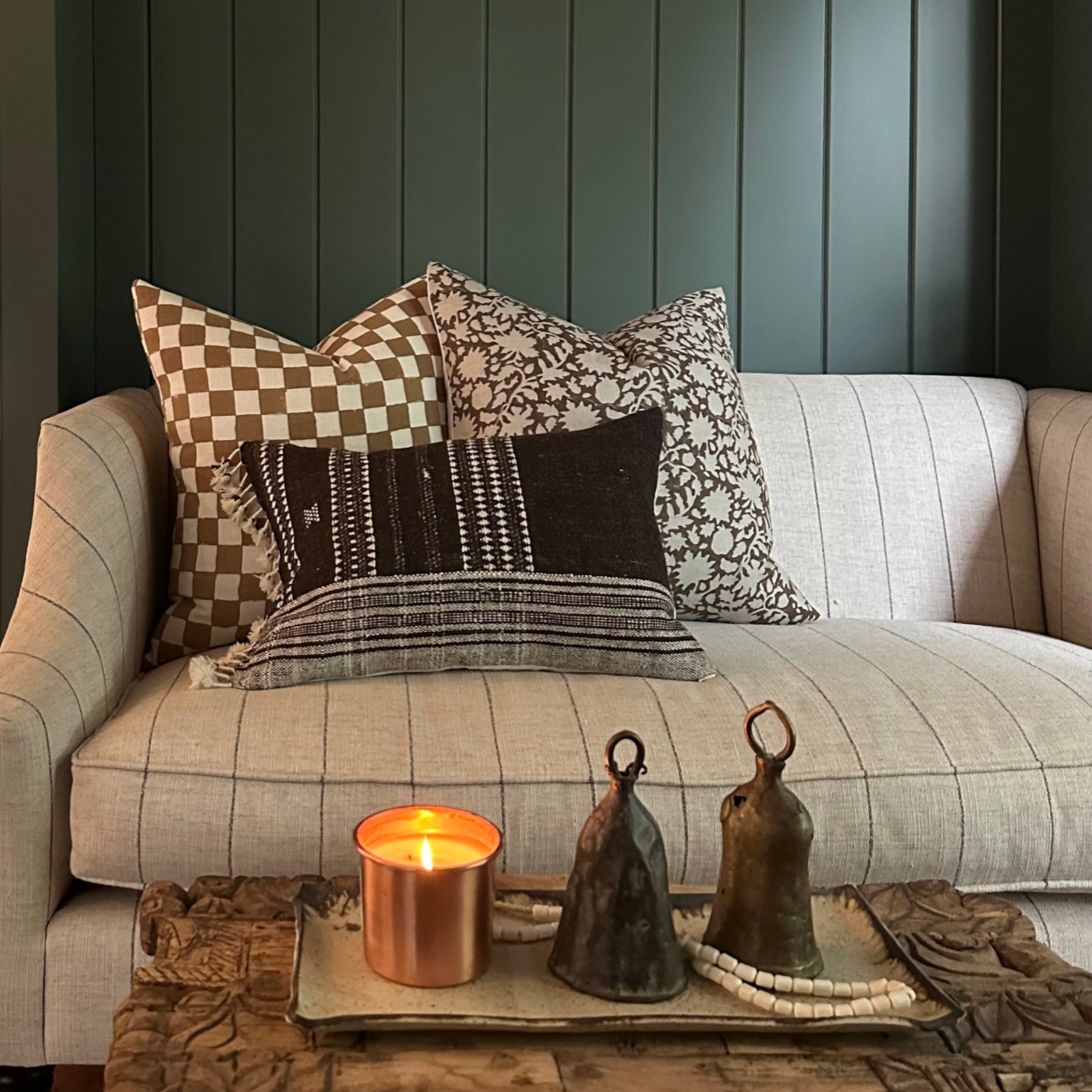 Square Pillow Cover - Terracotta Checkered Block Print