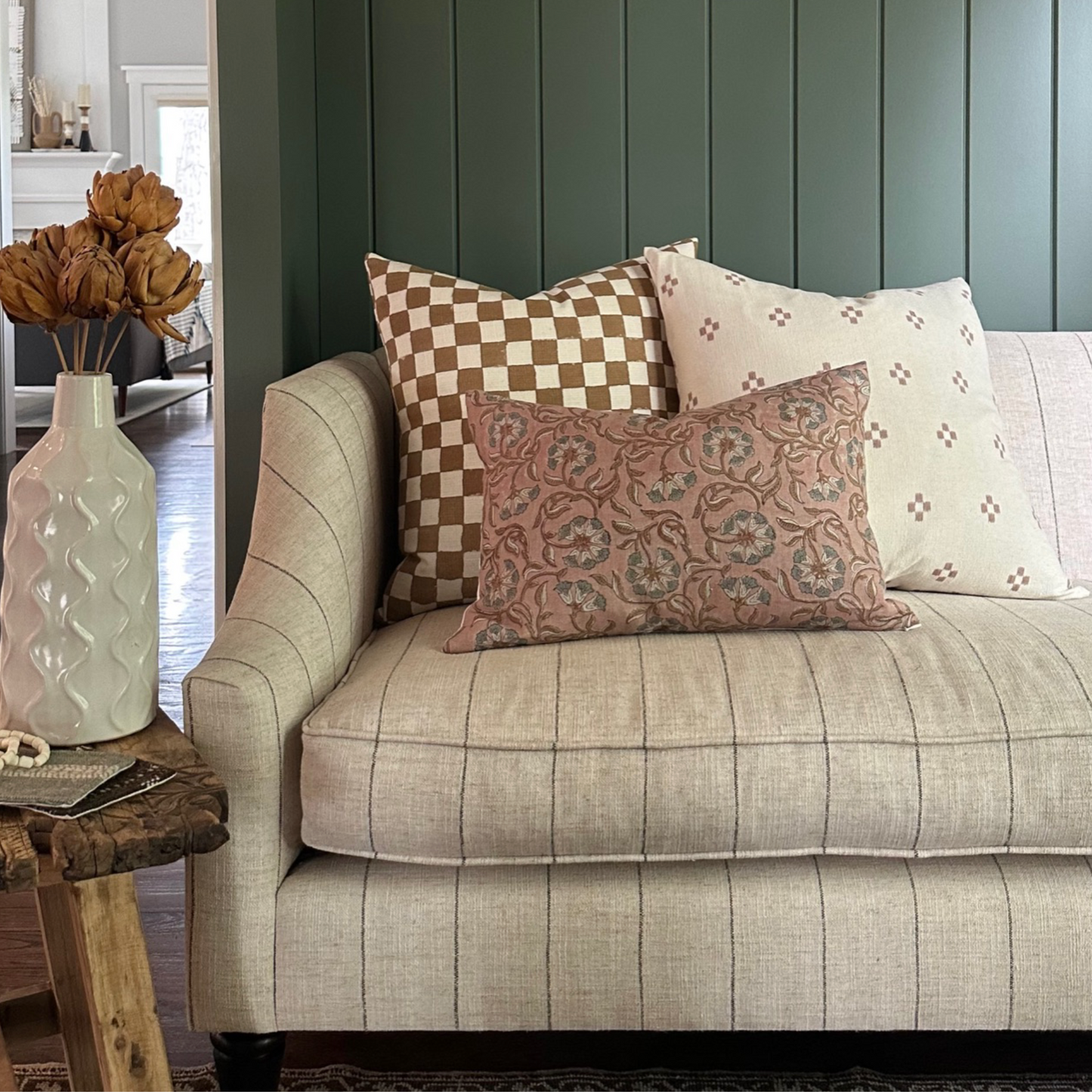 Square Pillow Cover - Terracotta Checkered Block Print