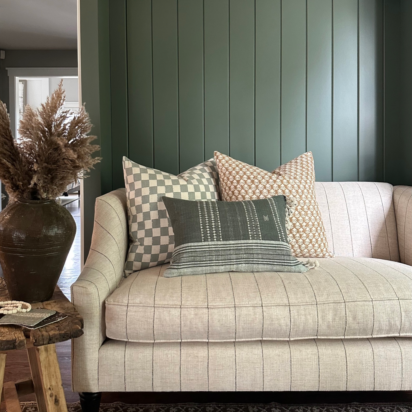 Medium Lumbar Pillow Cover - Sage Indian Wool Stripe