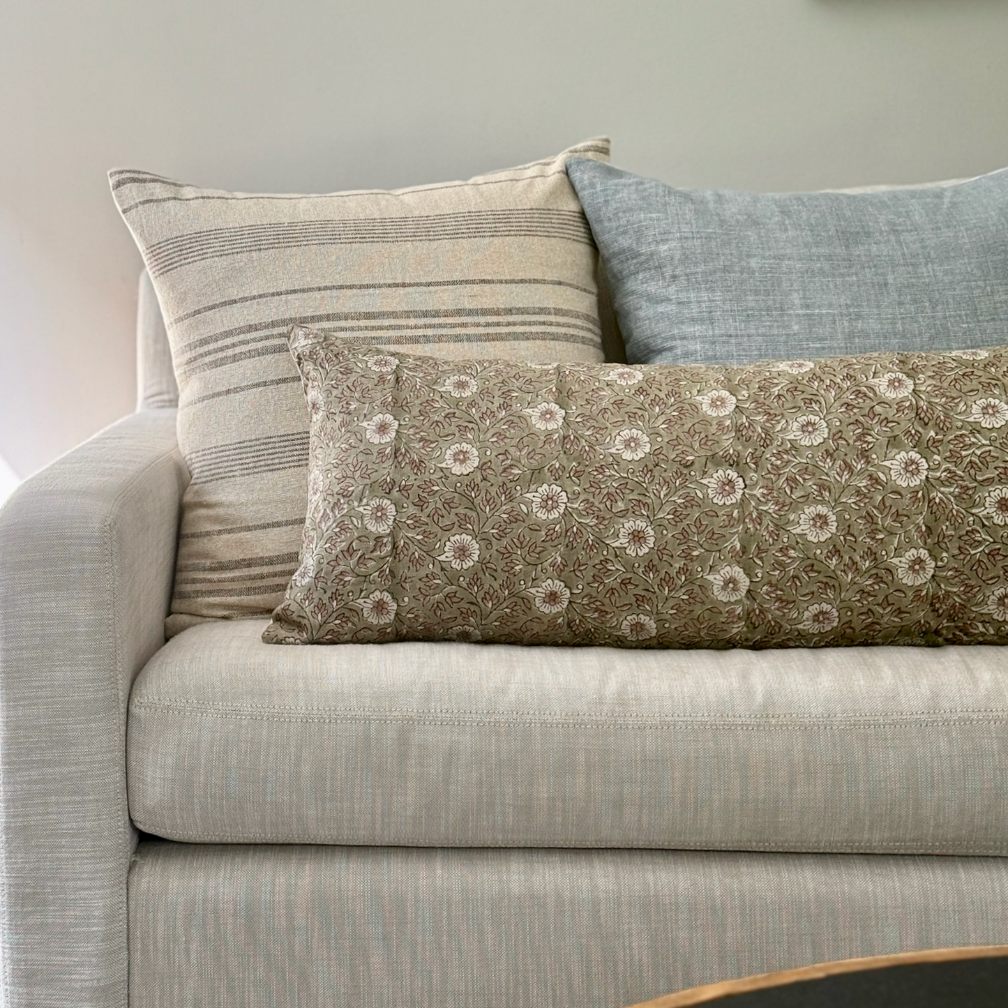 Large Lumbar Pillow Cover - Olive Floral Block Print