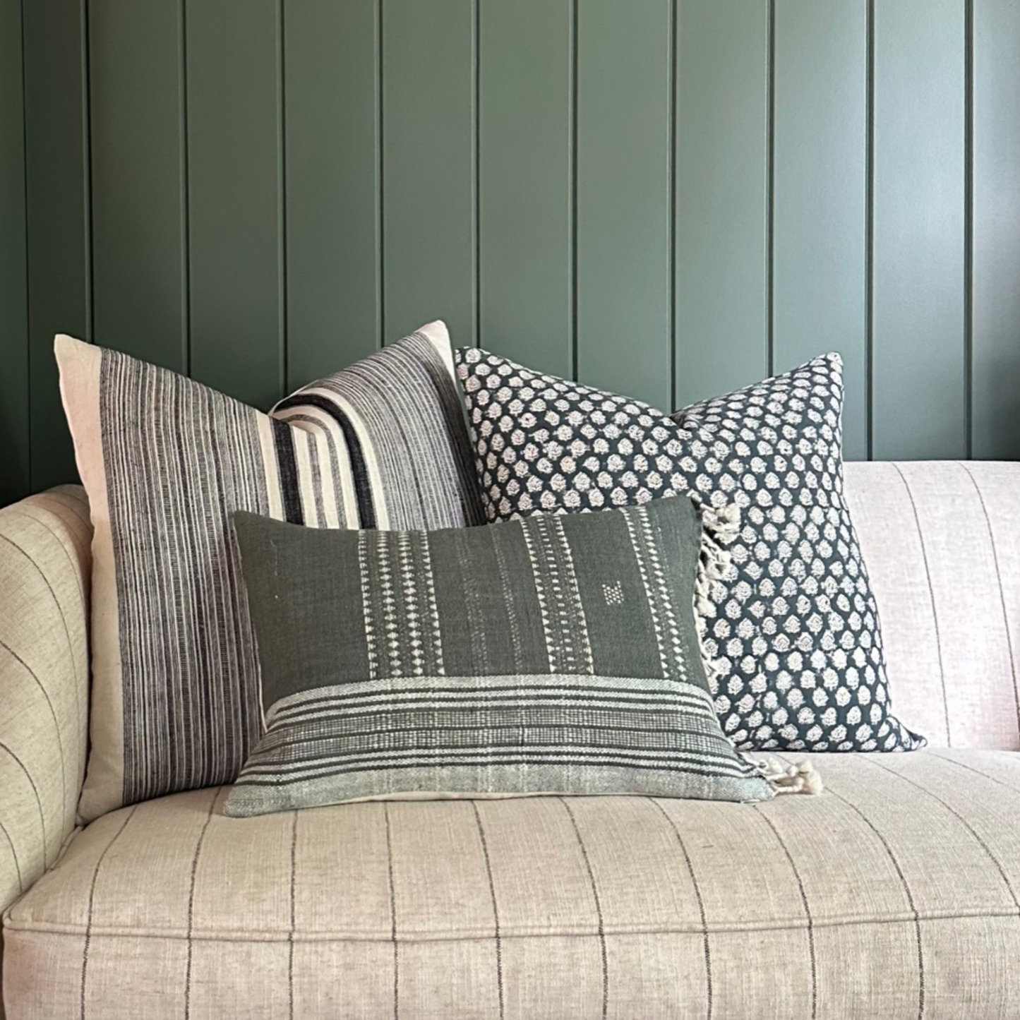 Medium Lumbar Pillow Cover - Sage Indian Wool Stripe