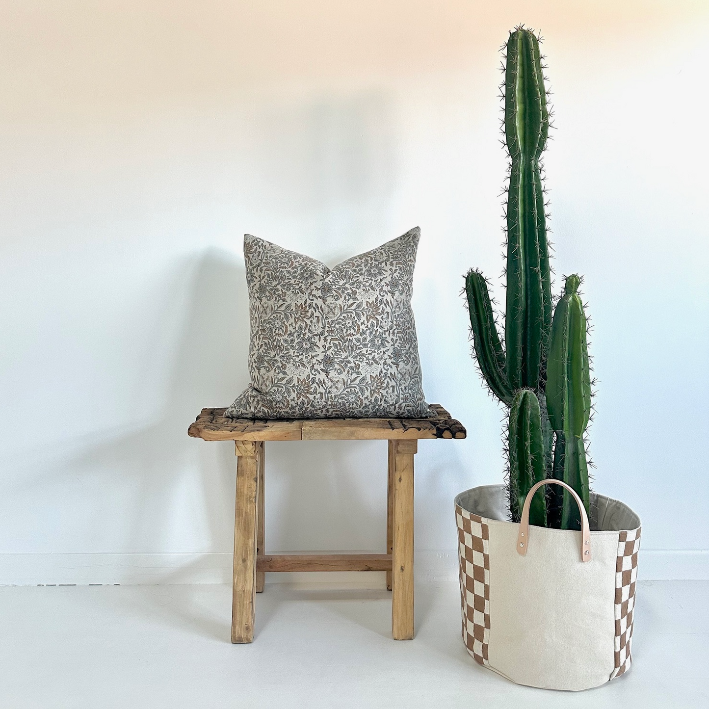 Square Pillow Cover - Dusty Blue Floral Block Print