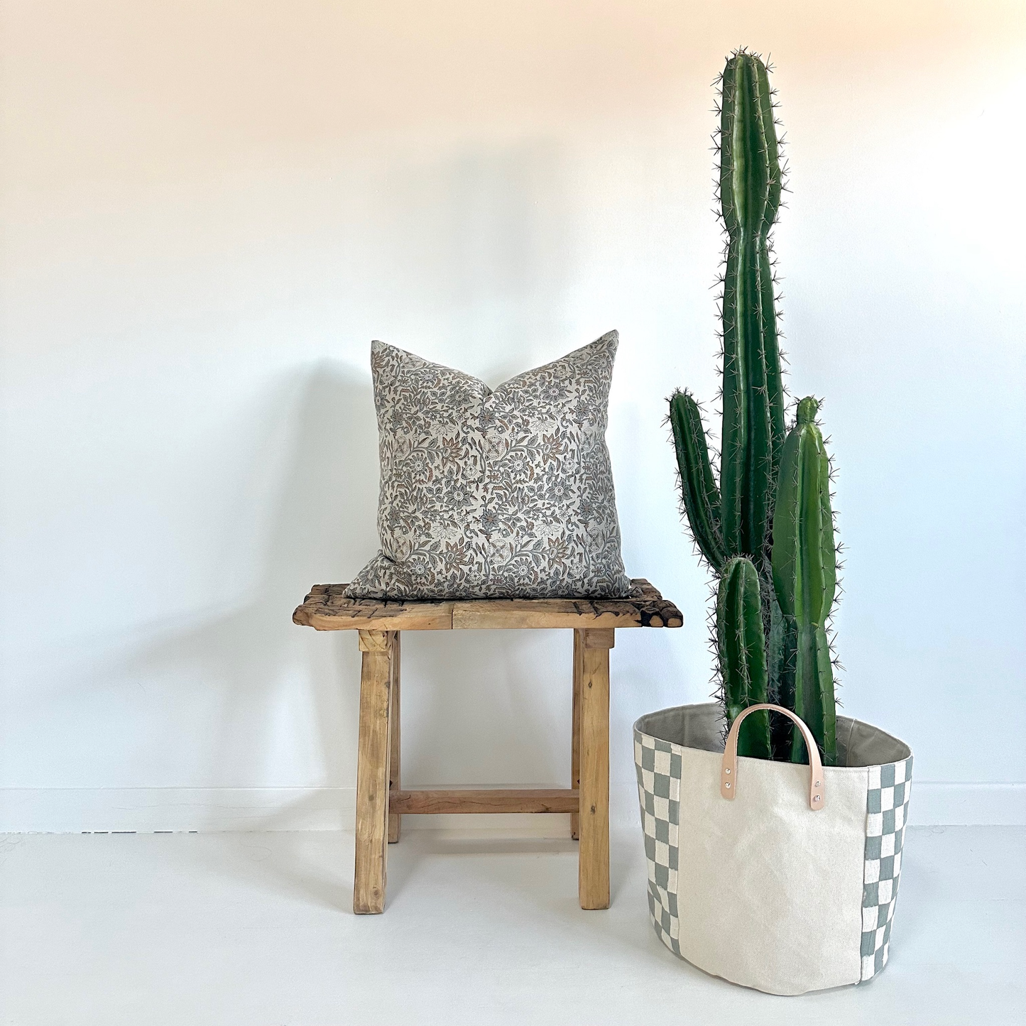 Large Storage Pouch - Dusty Blue Checkered Block Print