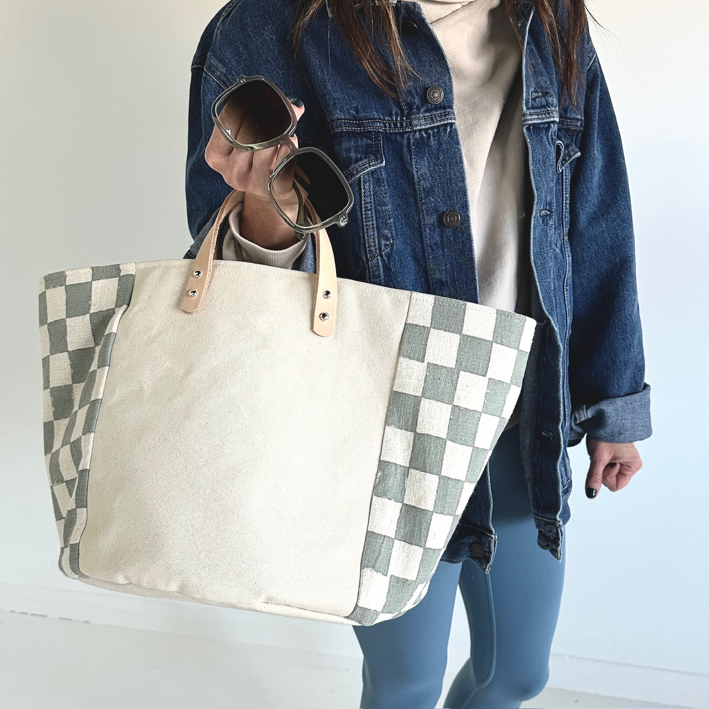 Large Storage Pouch - Dusty Blue Checkered Block Print