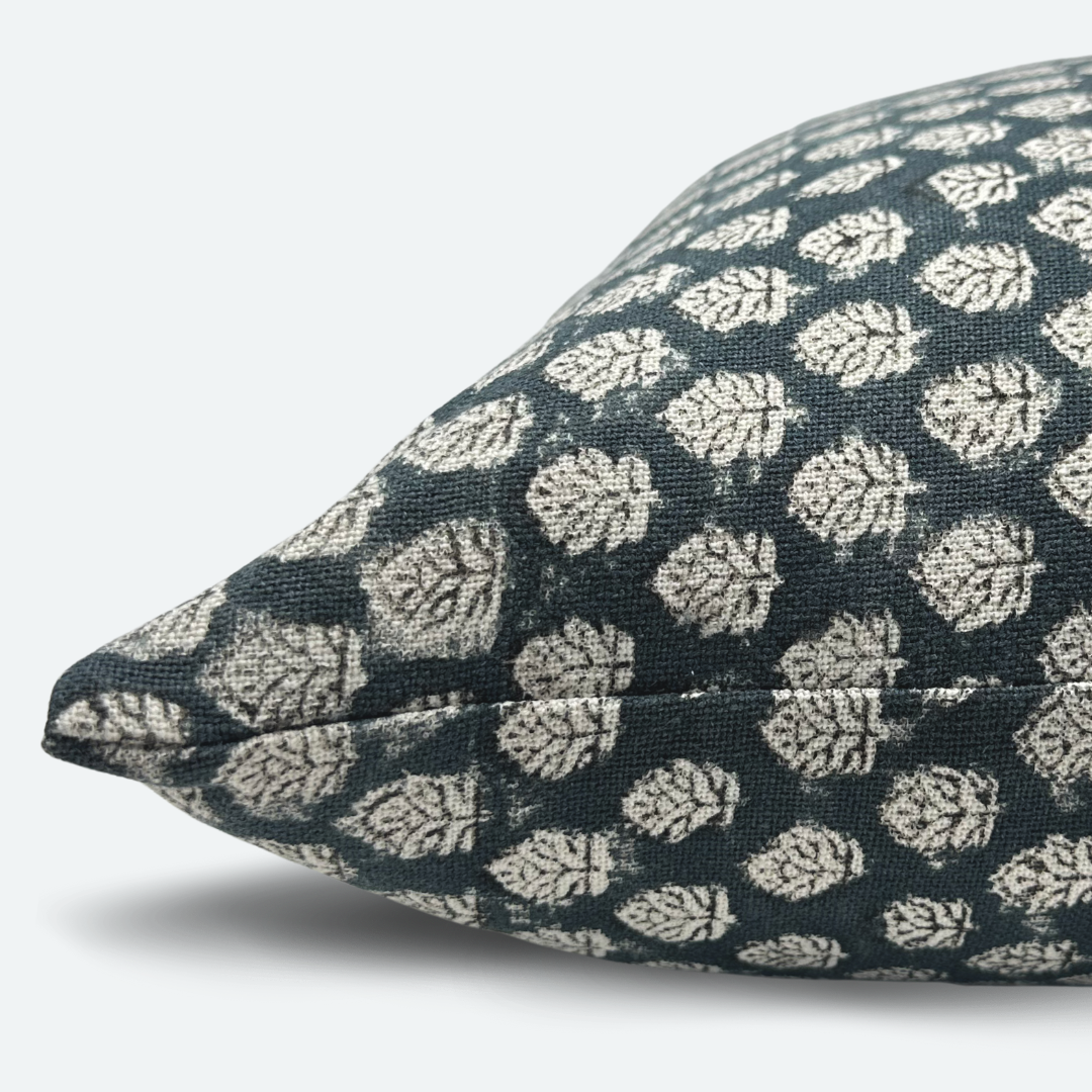 Large Lumbar Pillow Cover - Indigo Floral Blossom Block Print