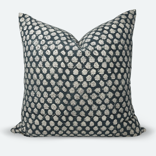 Square Pillow Cover - Indigo Floral Blossom Block Print