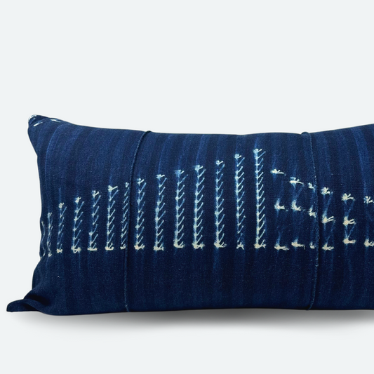 Large Lumbar Pillow Cover - Indigo Shibori & Black Woven Stripe | FINAL SALE