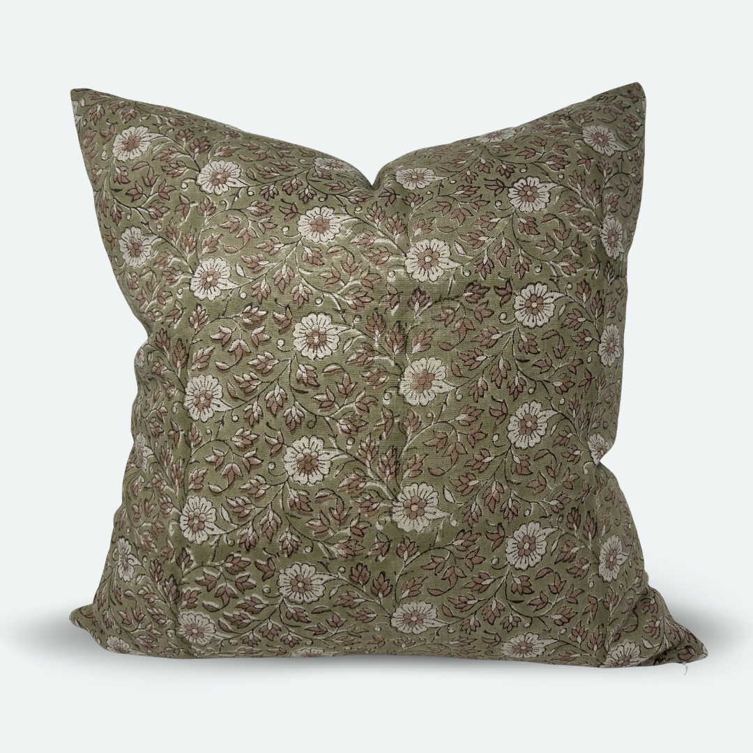 Square Pillow Cover - Olive Floral Block Print