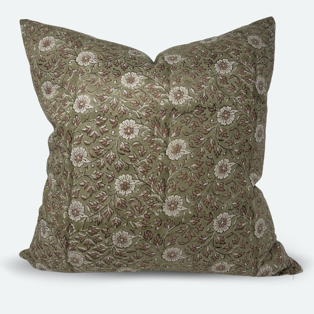 Square Pillow Cover - Olive Floral Block Print