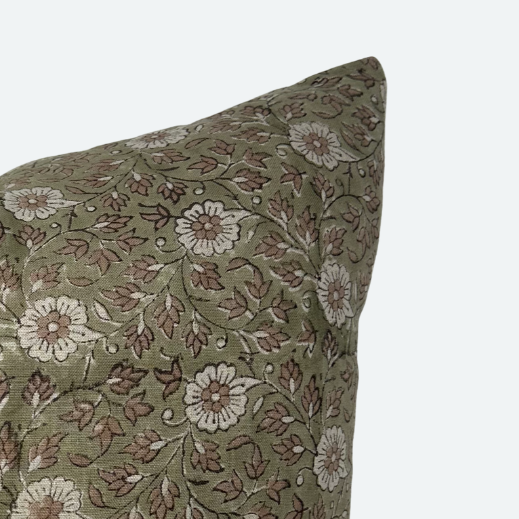 Square Pillow Cover - Olive Floral Block Print