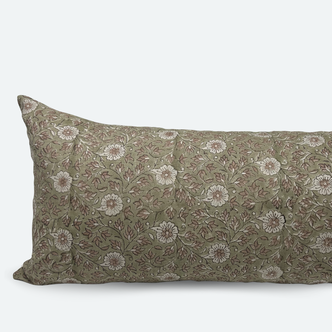 Large Lumbar Pillow Cover - Olive Floral Block Print