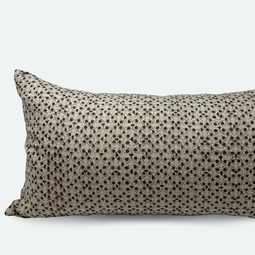 Large Lumbar Pillow Cover - Chestnut and Slate Floral Trellis Block Print