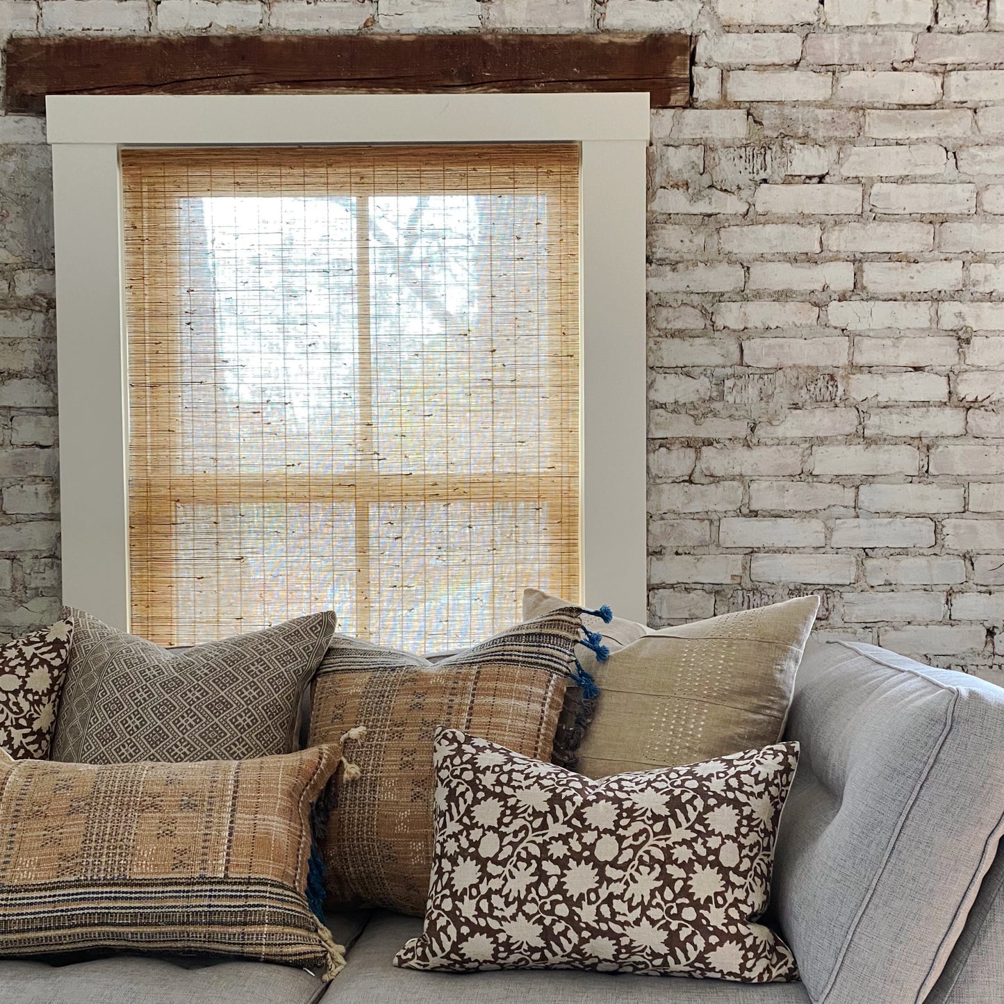 Large Lumbar Pillow Cover - Cocoa Floral Vine Block Print