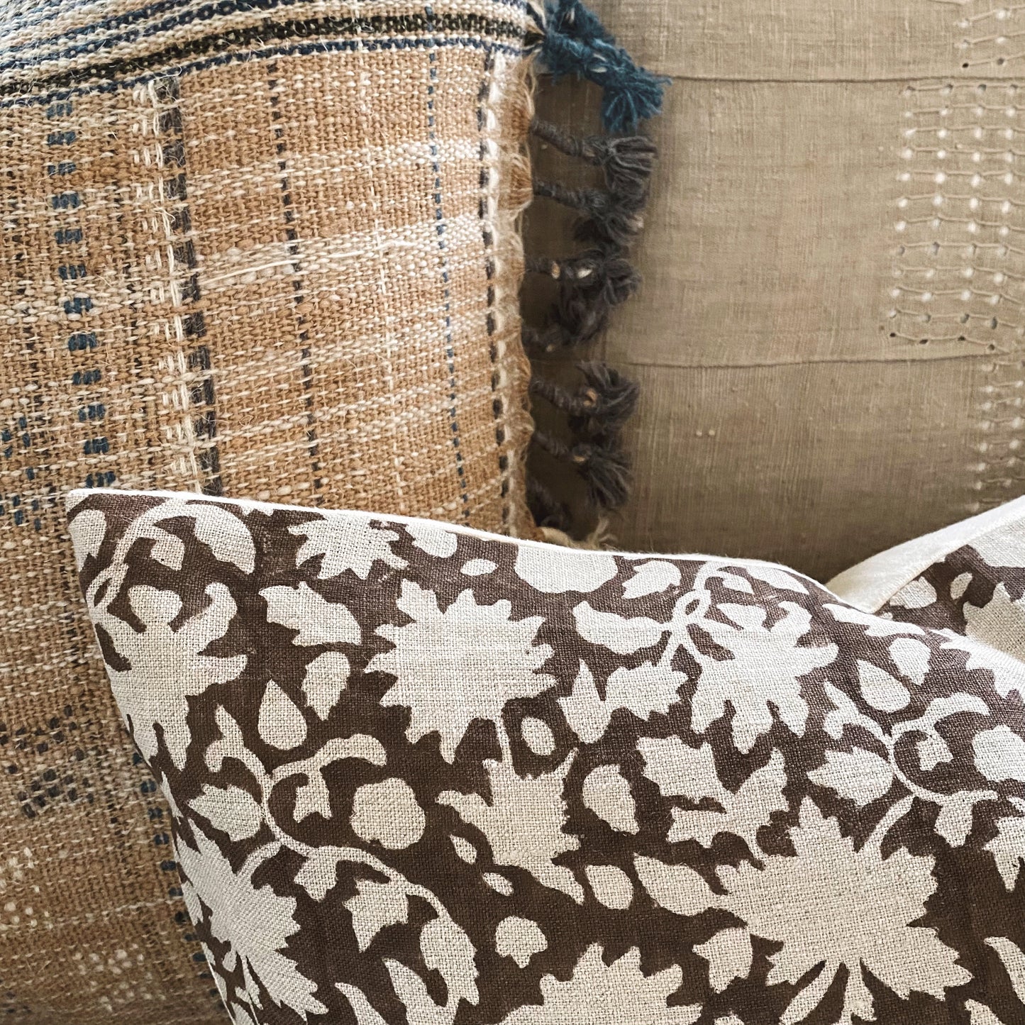 Medium Lumbar Pillow Cover - Cocoa Floral Vine Block Print