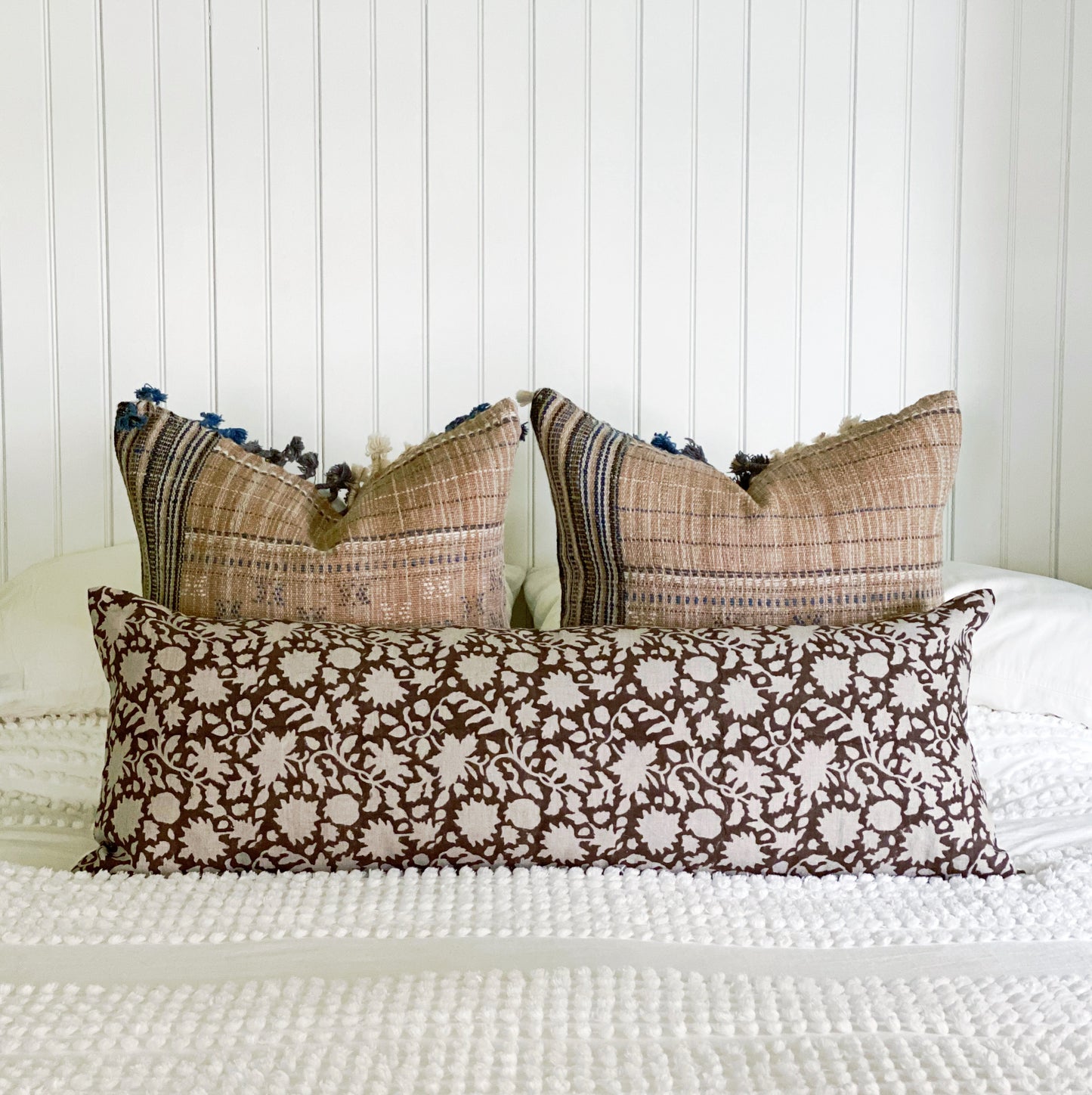 Large Lumbar Pillow Cover - Cocoa Floral Vine Block Print