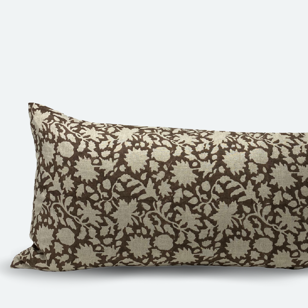 Large Lumbar Pillow Cover - Cocoa Floral Vine Block Print
