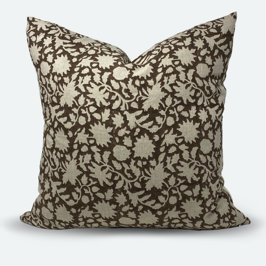 Square Pillow Cover - Cocoa Floral Vine Block Print