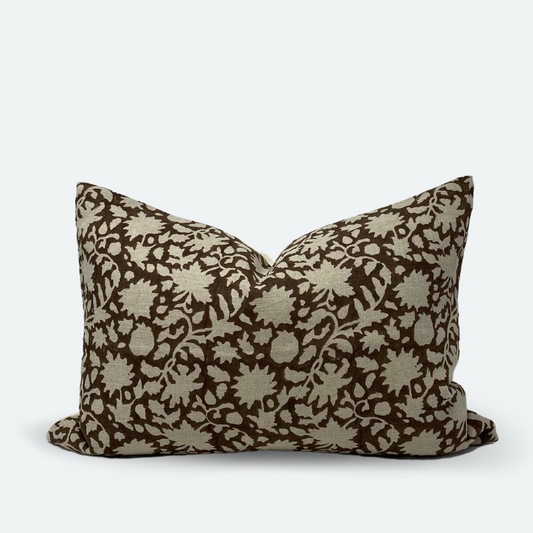 Medium Lumbar Pillow Cover - Cocoa Floral Vine Block Print