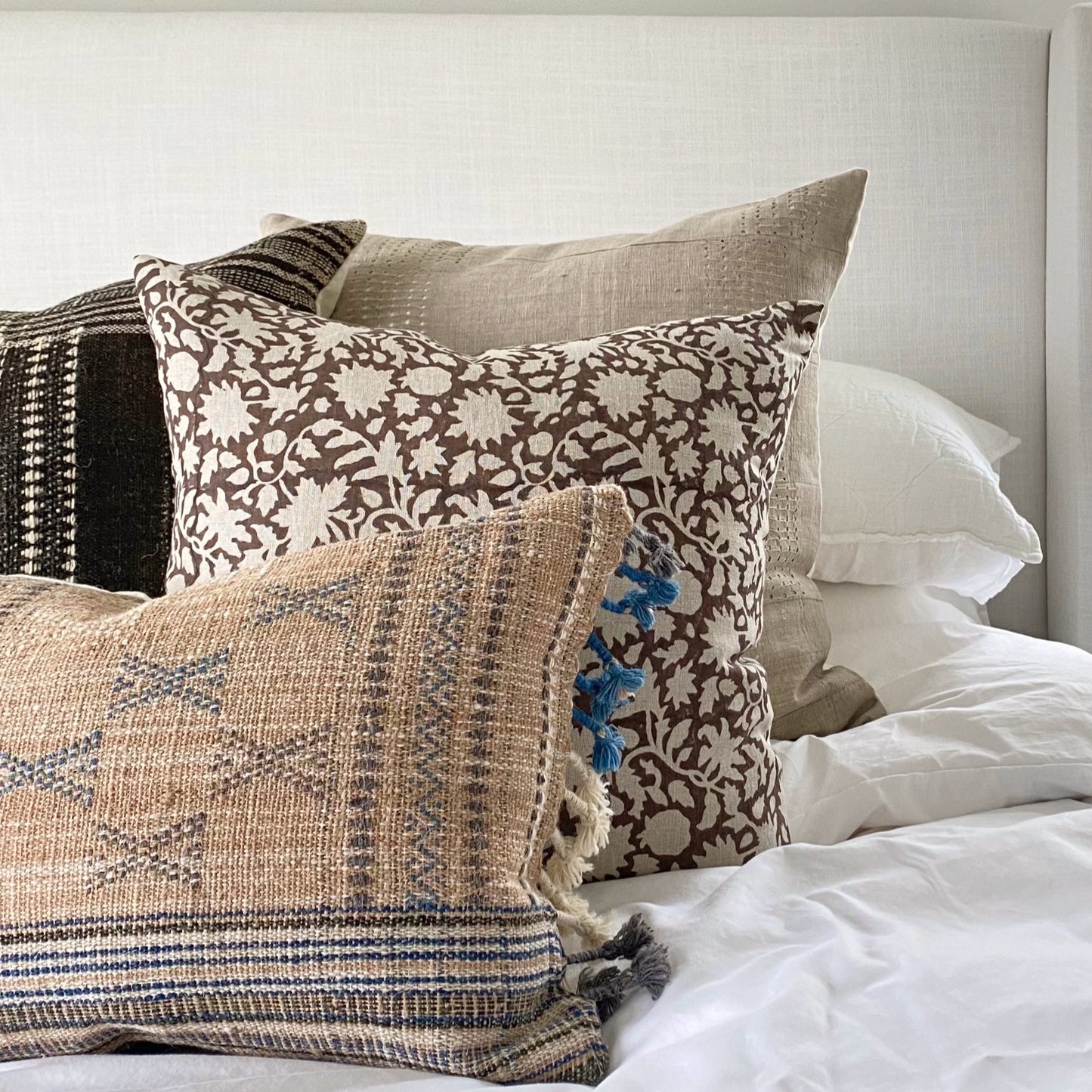 Square Pillow Cover - Cocoa Floral Vine Block Print