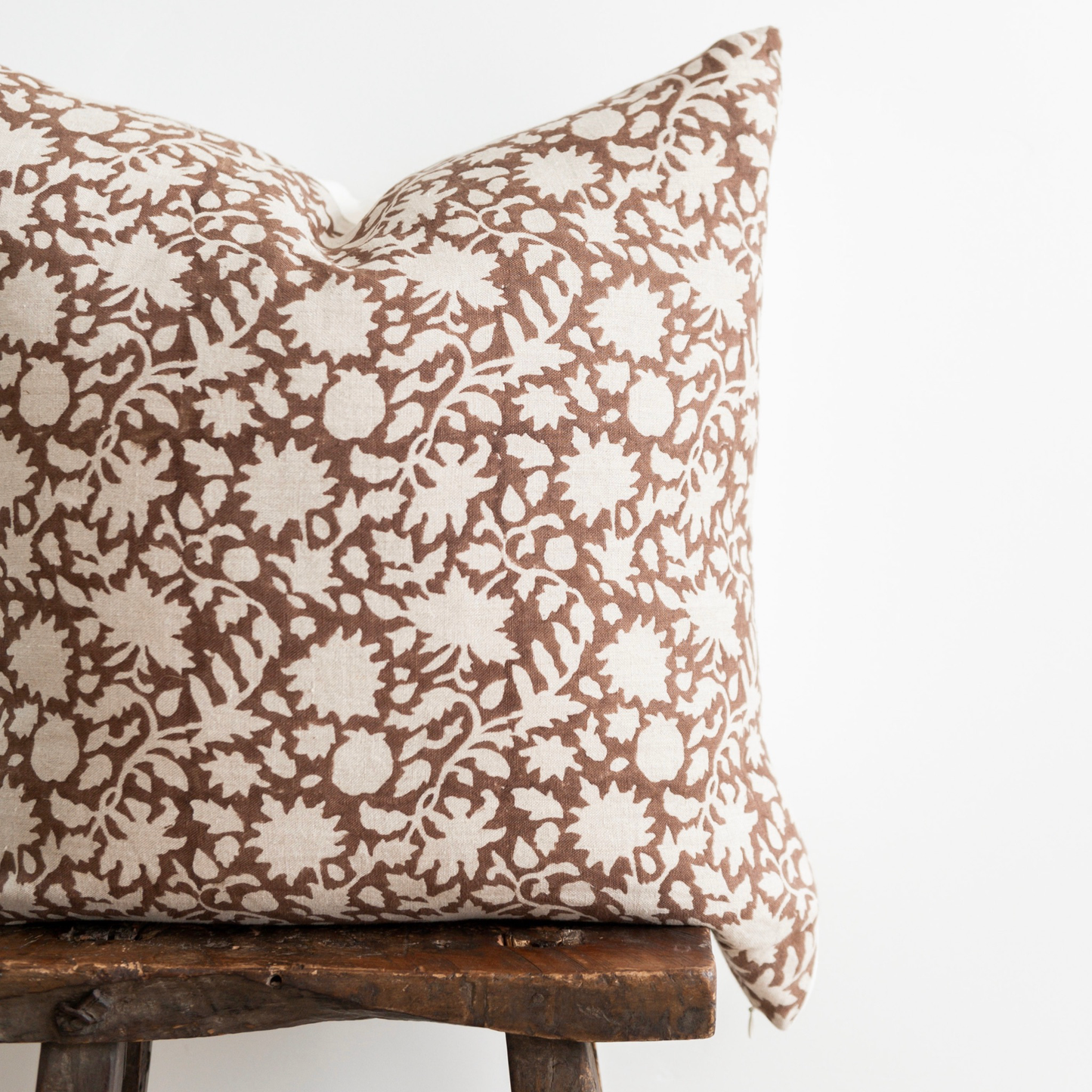 Square Pillow Cover - Cocoa Floral Vine Block Print