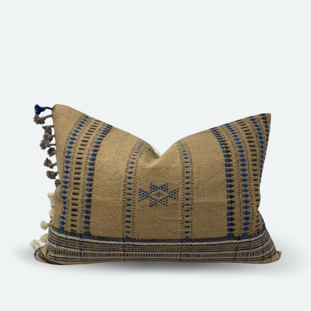 Medium Lumbar Pillow Cover - Sand & Dusty Blue Indian Wool Stripe | FINAL SALE