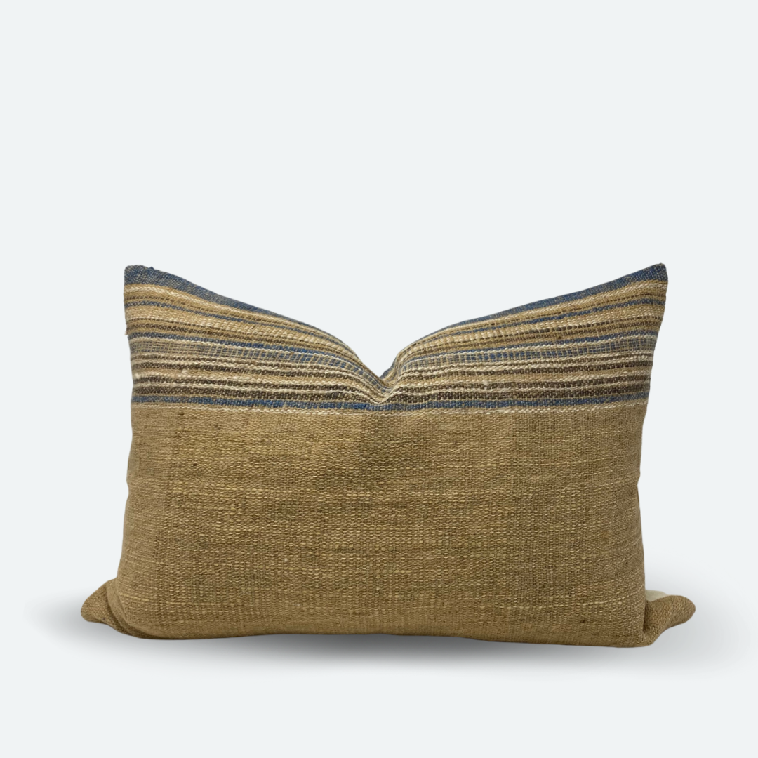 Medium Lumbar Pillow Cover - Sand & Dusty Blue Indian Wool Stripe | FINAL SALE