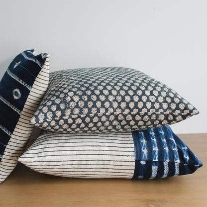 Square Pillow Cover - Indigo Shibori & Black Woven Stripe