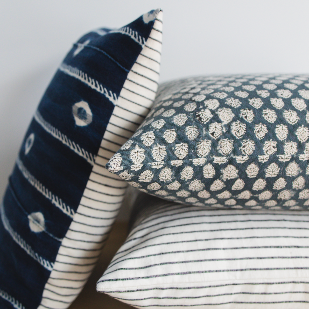 Medium Lumbar Pillow Cover - Indigo Shibori & Black Woven Stripe