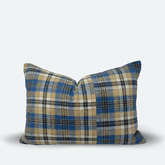 Medium Lumbar Pillow Cover - Blue and Black Plaid Madras