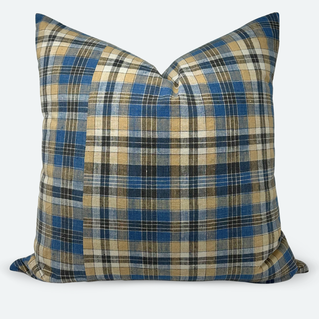 Square Pillow Cover - Blue and Black Plaid Madras