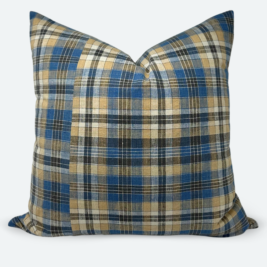 Square Pillow Cover - Blue and Black Plaid Madras