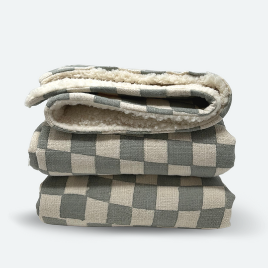Sherpa Throw Blanket - Dusty Blue Checkered Block Print