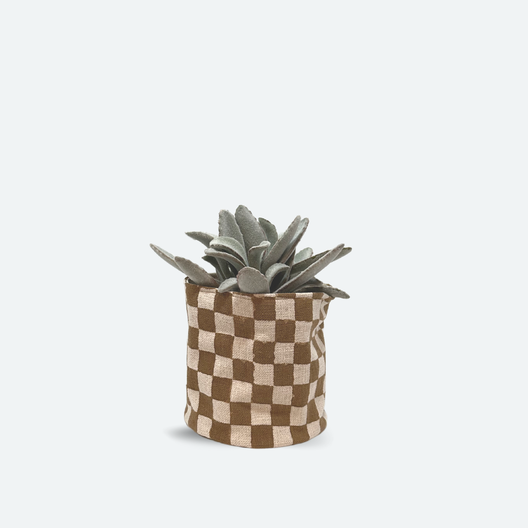 Plant Pouch - Terracotta Checkered Block Print