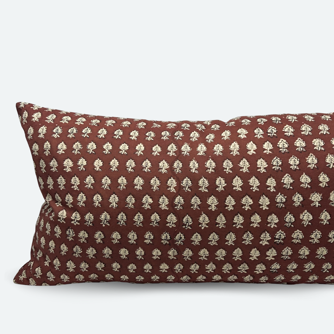 Large Lumbar Pillow Cover - Crimson Leaf Cotton Block Print