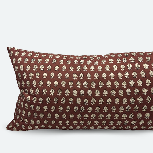 Large Lumbar Pillow Cover - Crimson Leaf Cotton Block Print