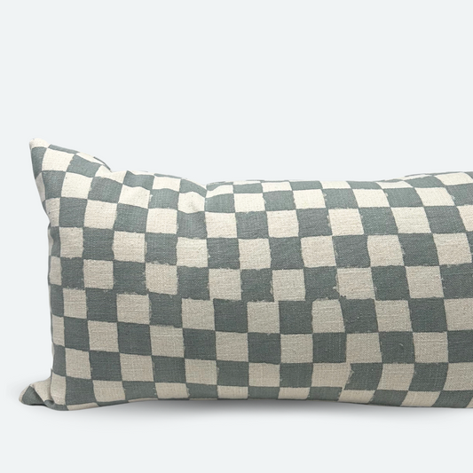 Large Lumbar Pillow Cover - Dusty Blue Checkered Block Print | FINAL SALE