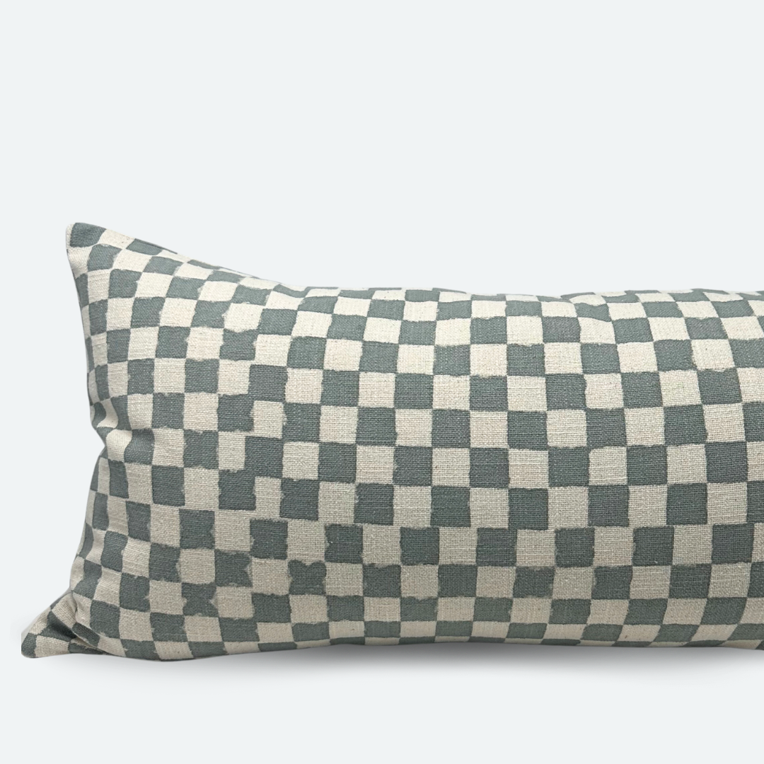 Large Lumbar Pillow Cover - Dusty Blue Checkered Block Print | FINAL SALE