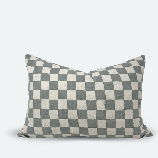Medium Lumbar Pillow Cover - Dusty Blue Checkered Block Print | FINAL SALE