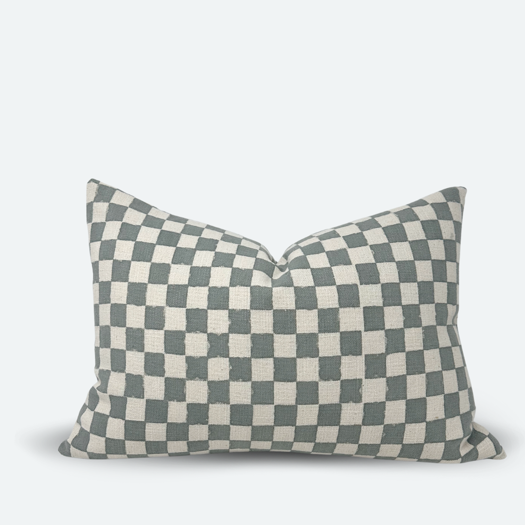 Medium Lumbar Pillow Cover - Dusty Blue Checkered Block Print | FINAL SALE