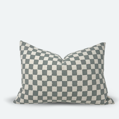 Medium Lumbar Pillow Cover - Dusty Blue Checkered Block Print | FINAL SALE