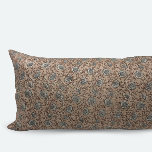 Large Lumbar Pillow Cover - Dusty Pink Garden Block Print