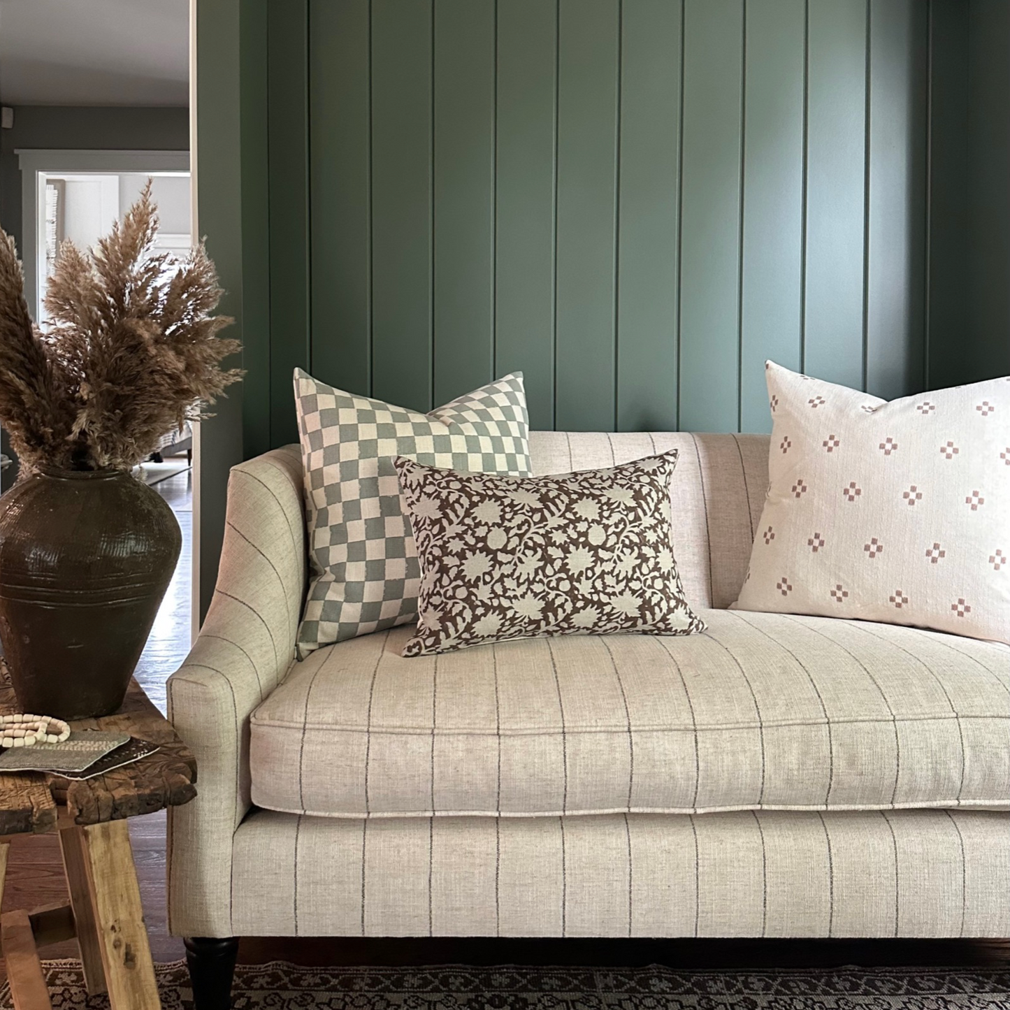 Medium Lumbar Pillow Cover - Dusty Blue Checkered Block Print | FINAL SALE