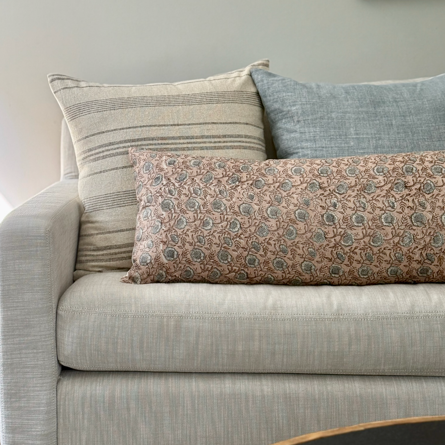 Large Lumbar Pillow Cover - Dusty Pink Garden Block Print